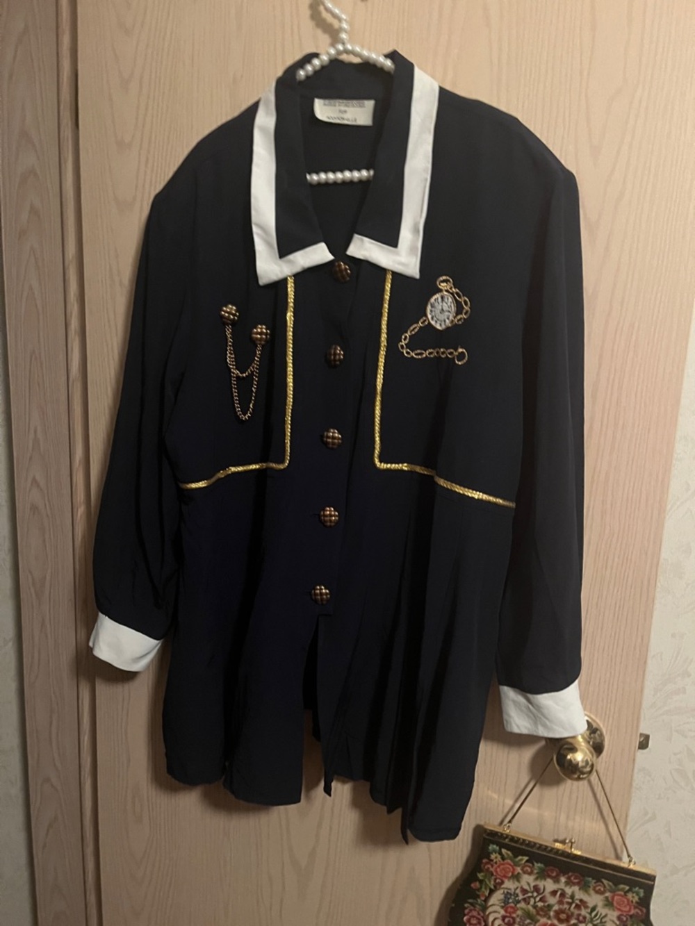 Navy Contrast-Collar Blazer with Gold Trim